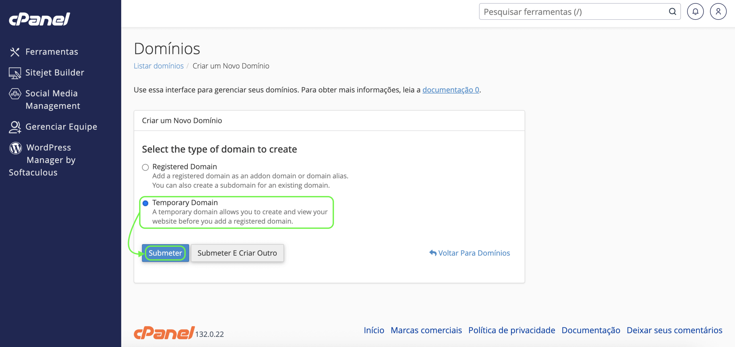 Representação da localização da opção "Domínio temporário" e do botão "Submeter"