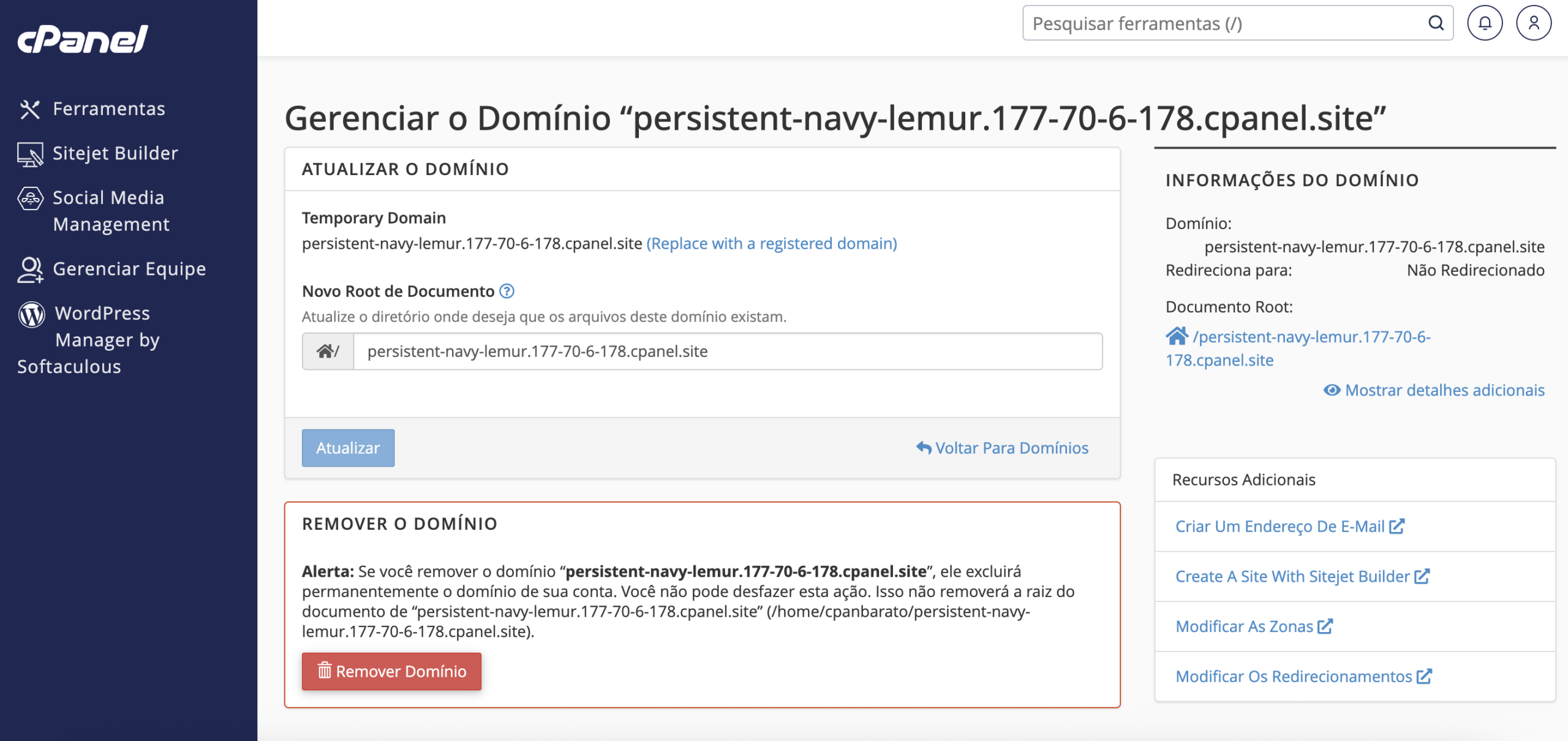 Representação da configurações do domínio temporário