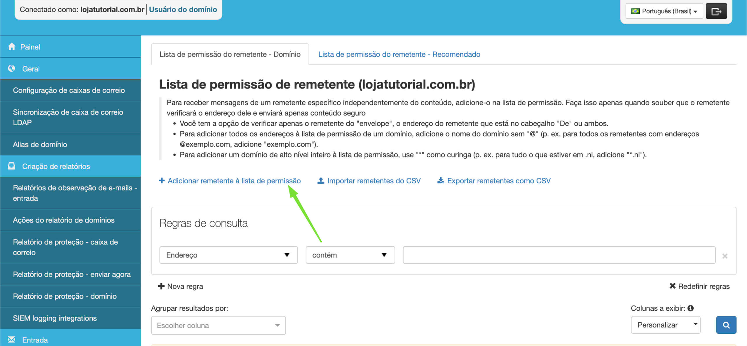 Representação da localização do botão "Adicionar remetente a lista de permissão"