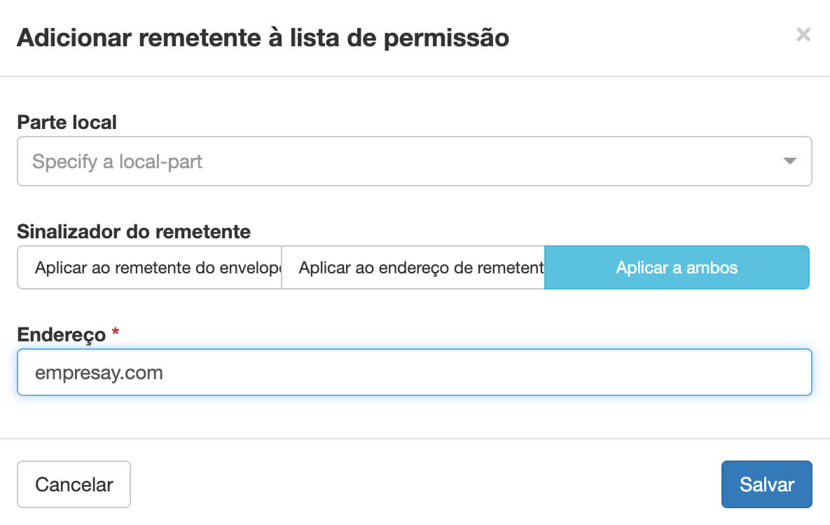Representação do preenchimento correto para adição de um domínio na Whitelist
