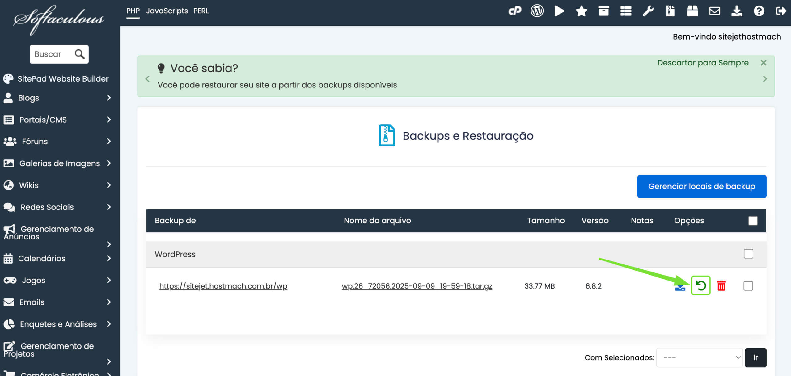 Representação da localização do botão para restauração