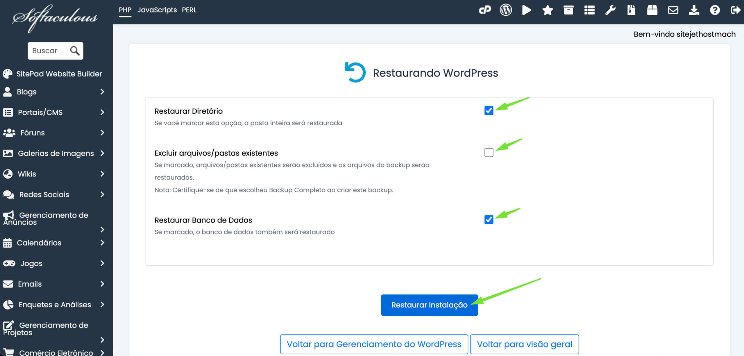 Representação da localização do botão "Restaurar Instalação"