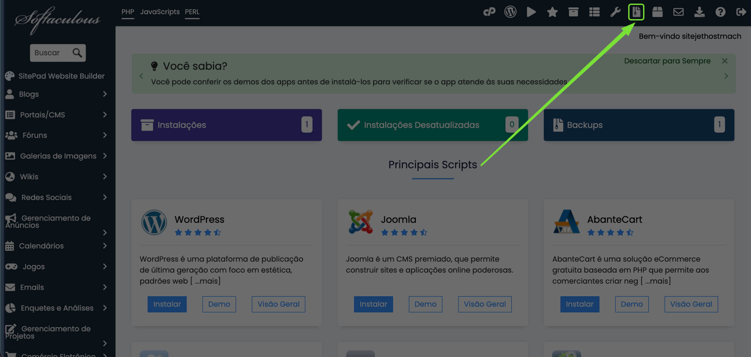 Representação da localização do botão "Backups e Restauração"