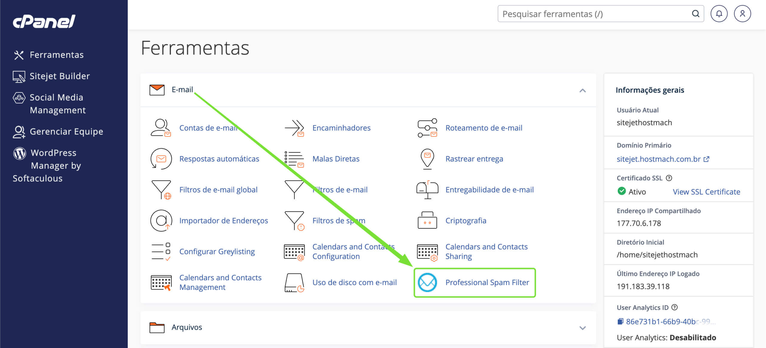 Representação da localização da opção "Professional Spam Filter"