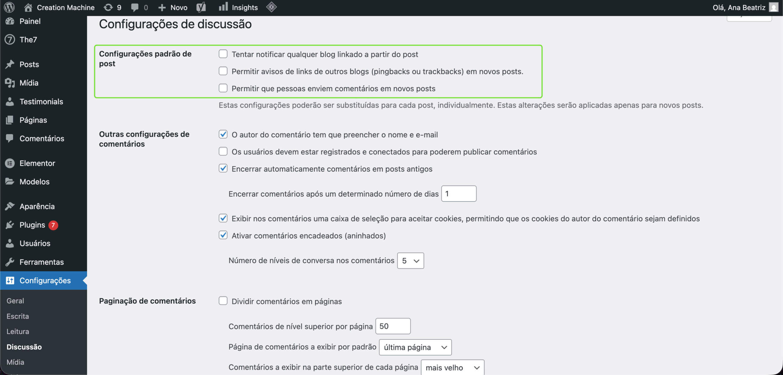 Representação das opções que precisam ser desabilitadas