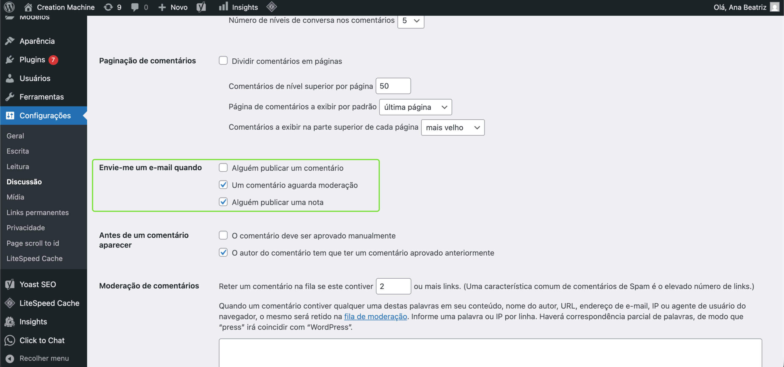Representação das opções que precisam ser desabilitadas