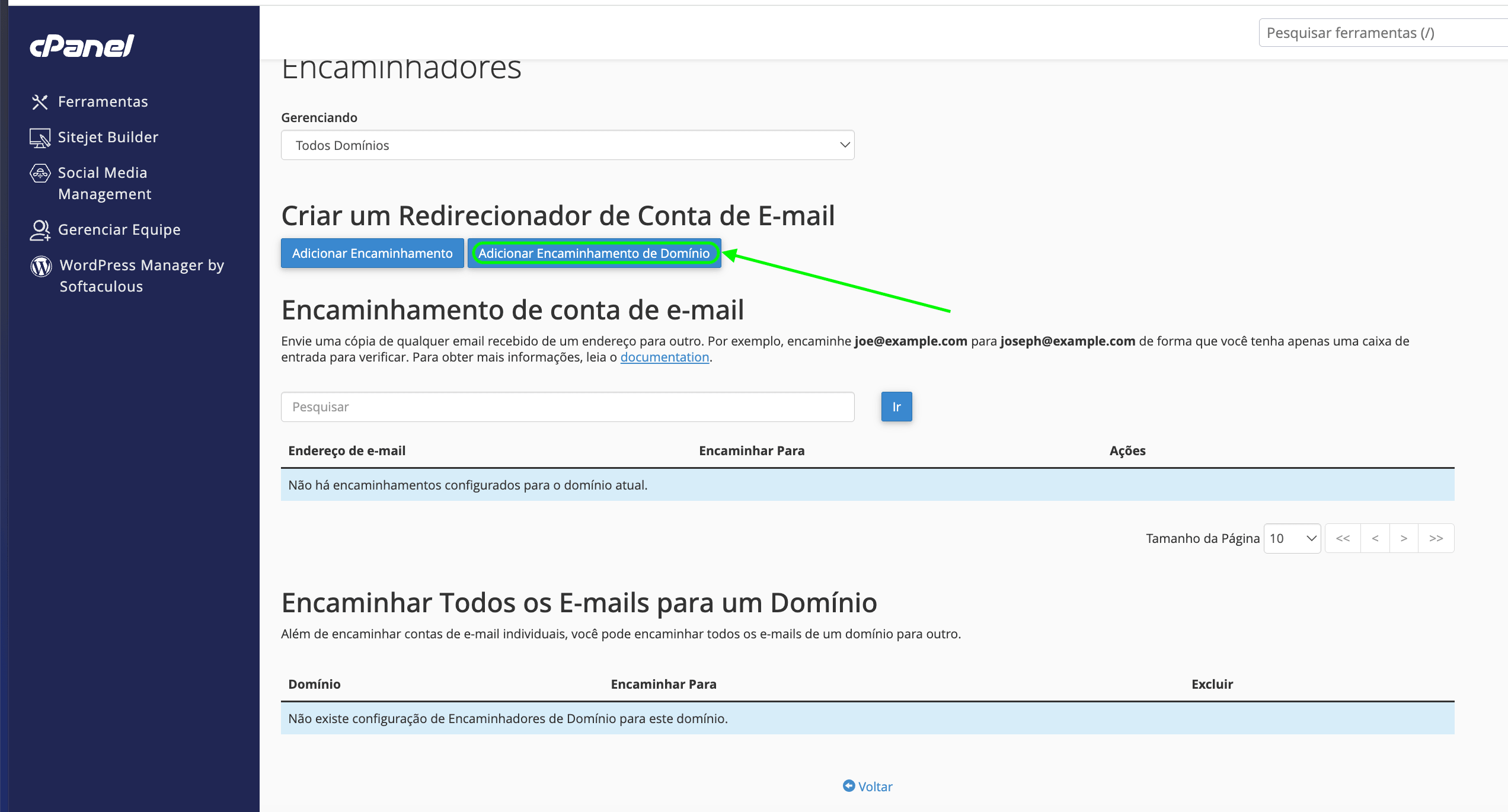 Representação da localização da opção "Adicionar encaminhador de domínio"