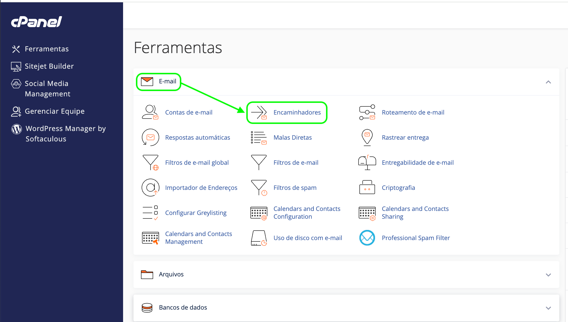 Representação da localização da opção "Encaminhadores"