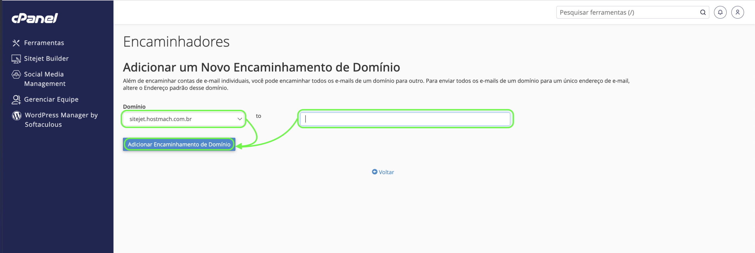 Representação dos campos para criação de um encaminhador de domínios