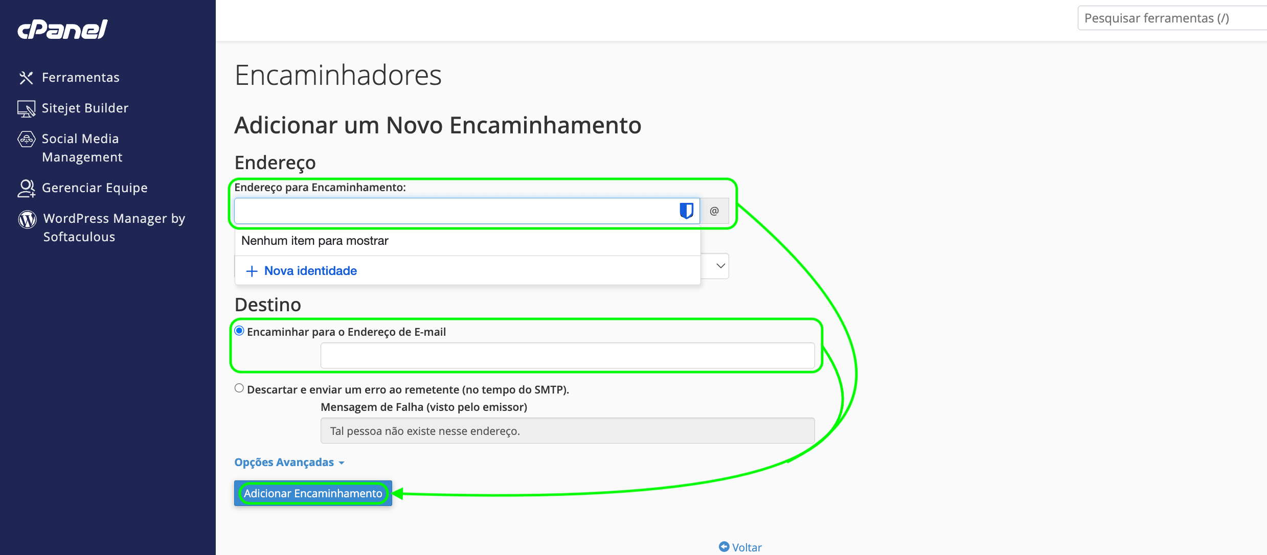 Representação dos campos para criação de um encaminhador de e-mail