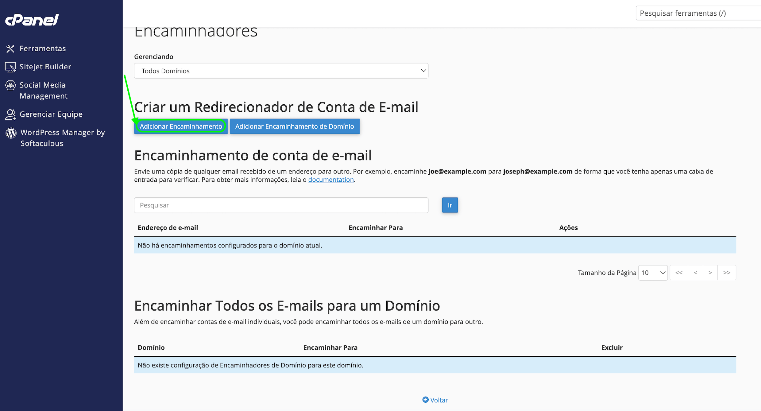Representação da localização da opção "Adicionar encaminhador"