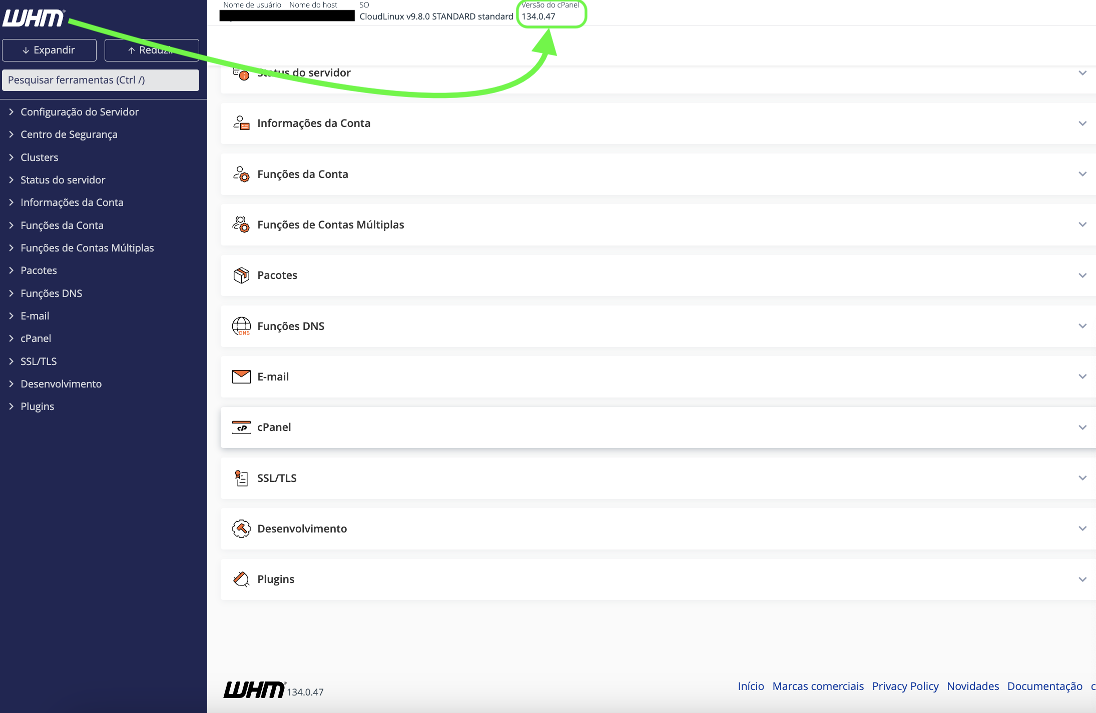 Representação da localização da versão do cPanel na parte superior da revenda