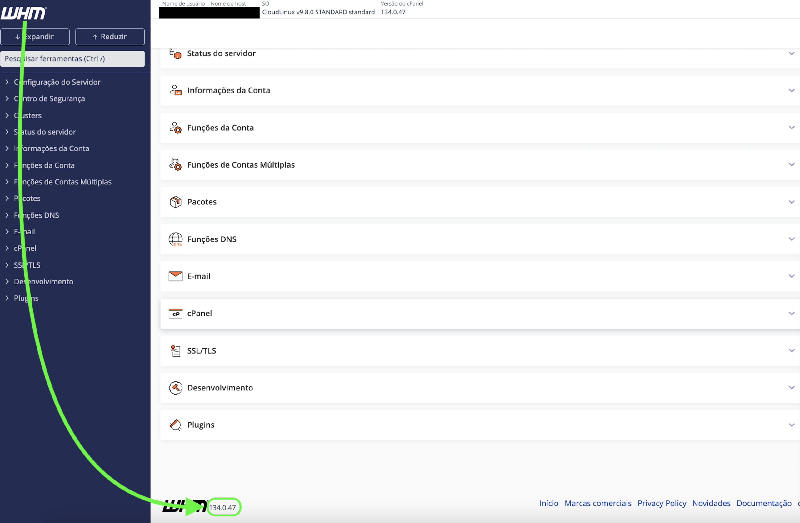Representação da localização da versão do cPanel na parte inferior da revenda
